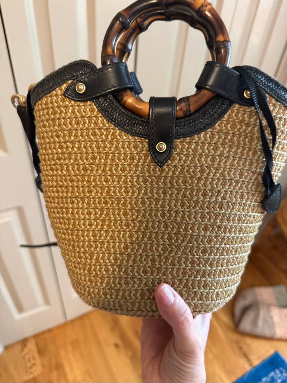 Woven Straw Bamboo Handle Crossbody Tote - Black Trim